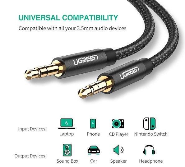 Аудіо кабель UGREEN AV112 3.5mm Male to 3.5mm Male Cable Gold Plated Metal Case with Braid (50361) NLM-78801 фото