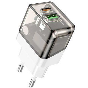 Мережевий зарядний пристрій Borofone BA80A Scenery PD20W+QC 3.0 Type-C to Lightning ransparent black NLM-92833 фото