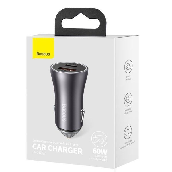 Автомобільний зарядний пристрій Baseus Golden Contactor Max Dual Fast Charger Car Charger U+C 60W Dark Gray (CGJM000113) NLM-88007 фото