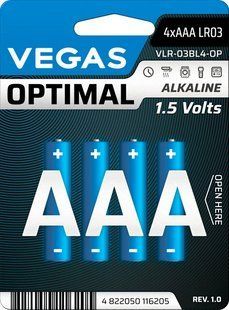 Батарейки VEGAS Alkaline Optimal ААA 4шт/бл. (VLR-03BL4-OP) NLM-99358 фото